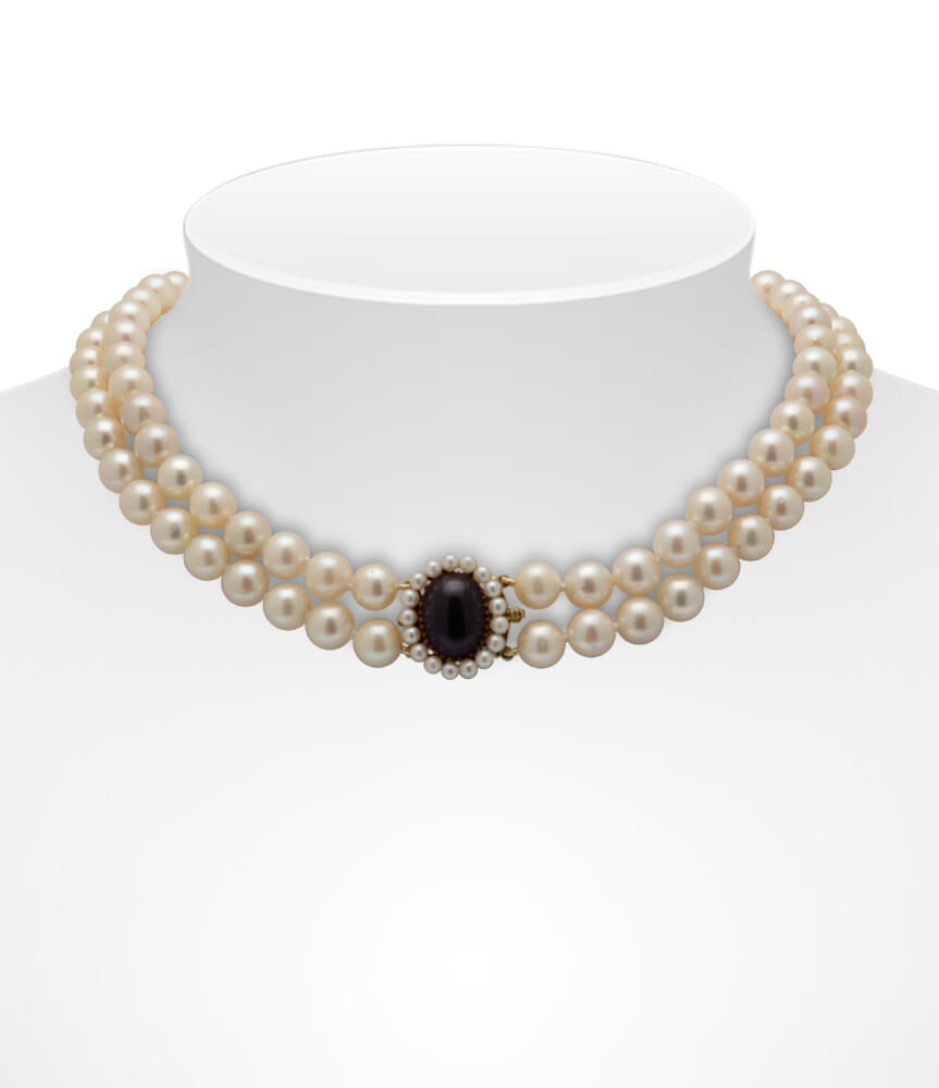 Double Row Akoya Pearl Necklace On Amethyst & Pearl Clasp 9 To 9.5mm
