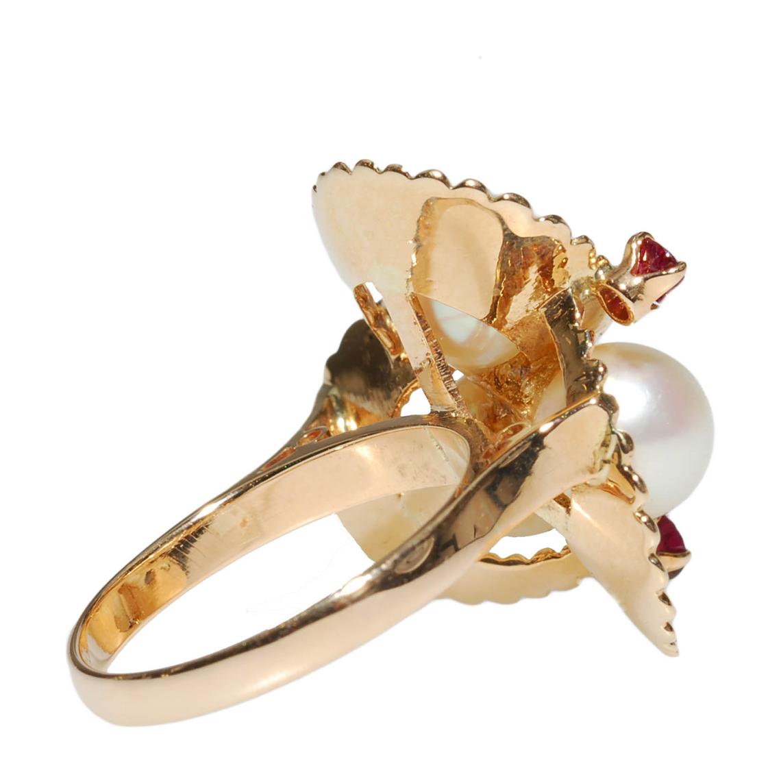 1950s 14K Akoya Pearl and Ruby "Spanish Dancer" Cocktail Ring