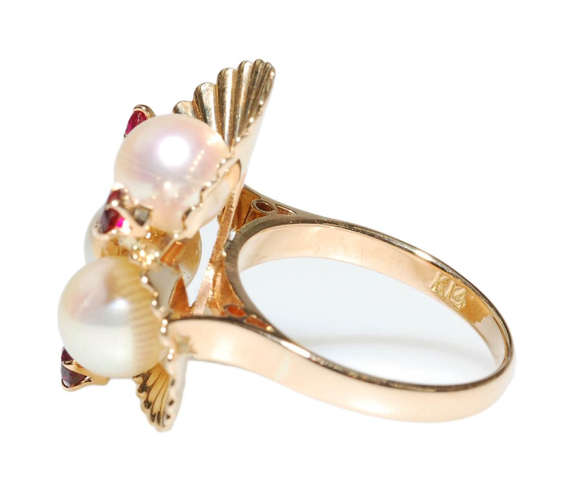 1950s 14K Akoya Pearl and Ruby "Spanish Dancer" Cocktail Ring