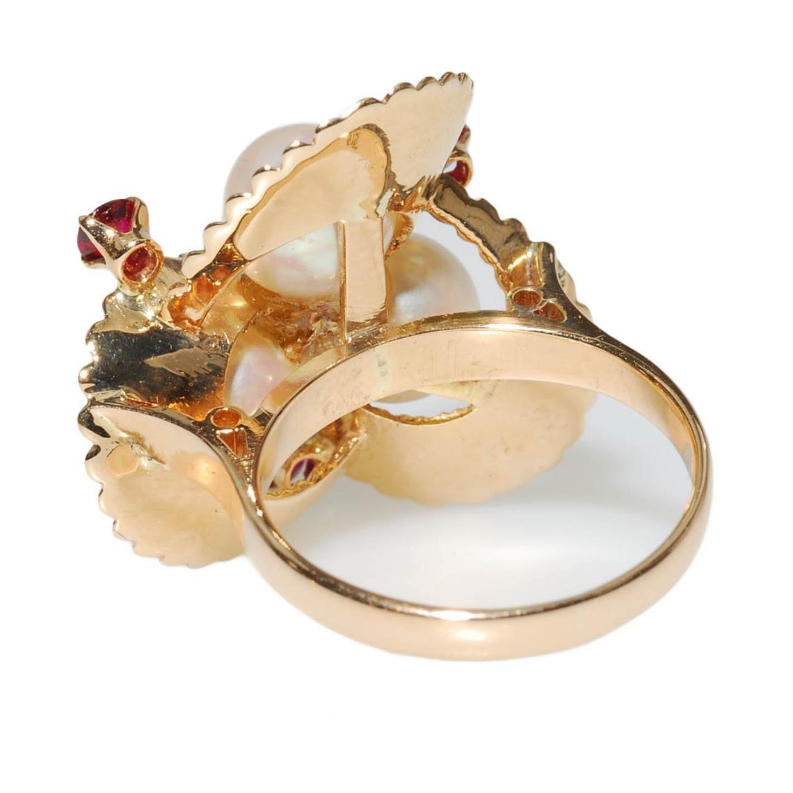 1950s 14K Akoya Pearl and Ruby "Spanish Dancer" Cocktail Ring