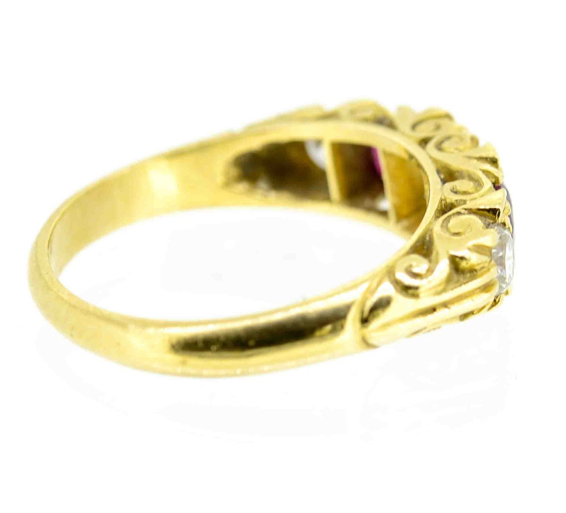 Antique Style 18ct Yellow Gold Ruby and Diamond Five Stone Ring