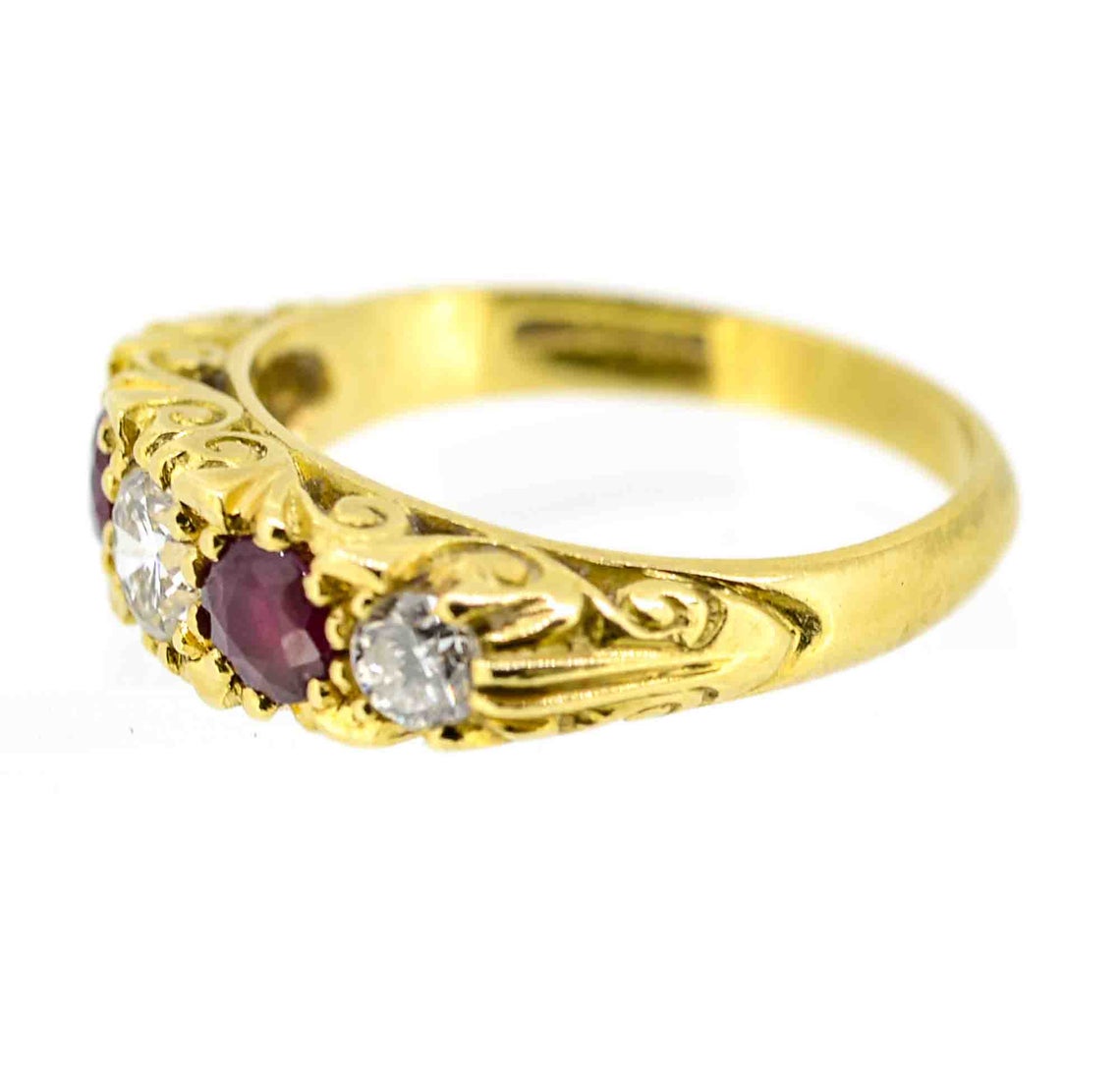 Antique Style 18ct Yellow Gold Ruby and Diamond Five Stone Ring