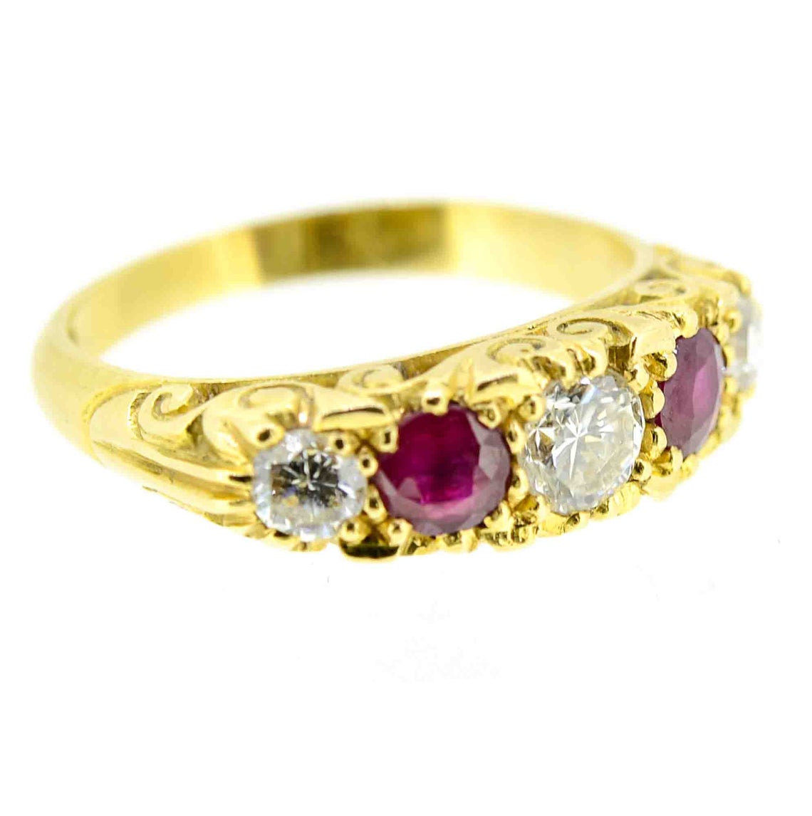Antique Style 18ct Yellow Gold Ruby and Diamond Five Stone Ring