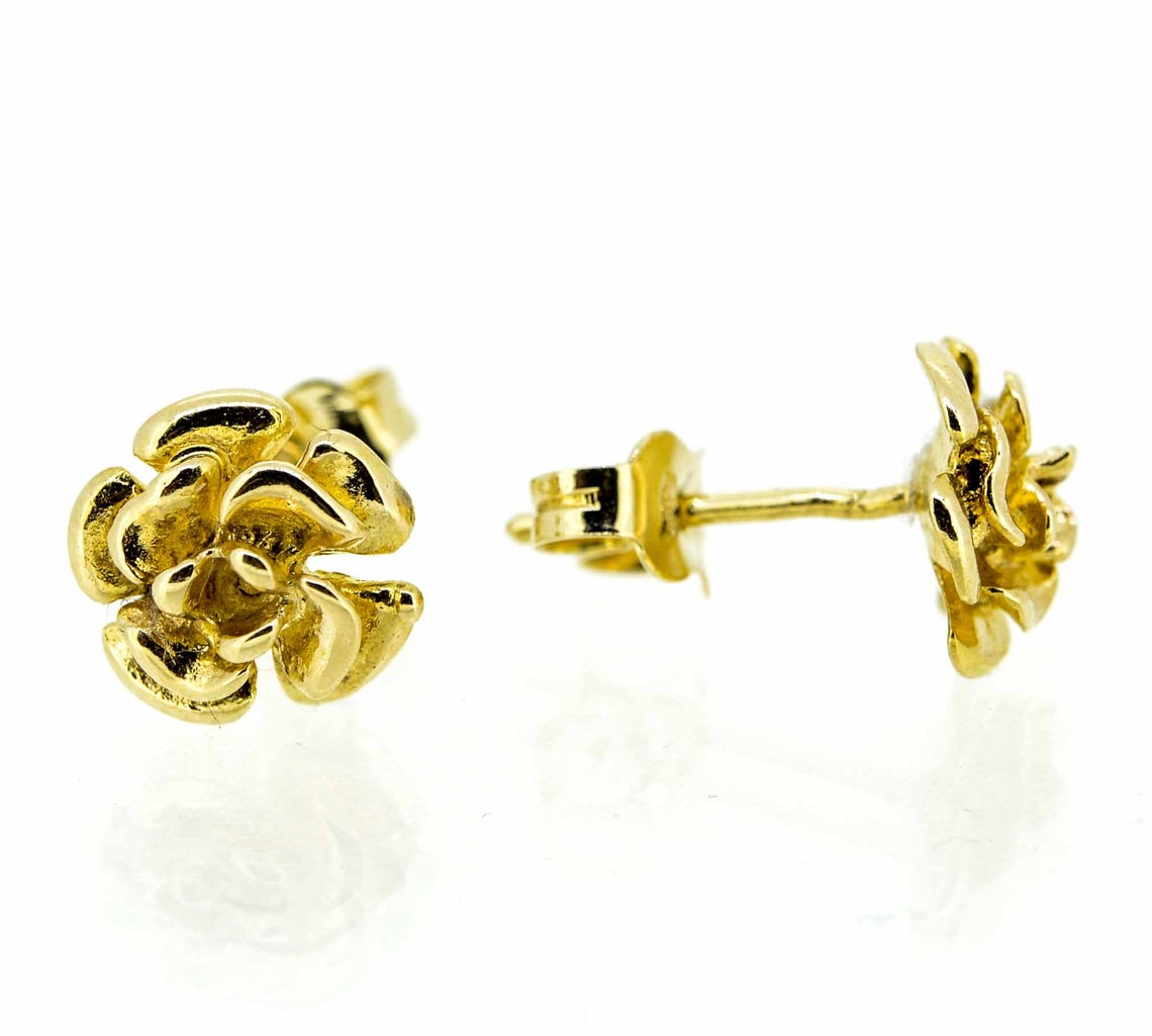 Vintage 9ct Yellow Gold Flower Rose Stud Earrings
