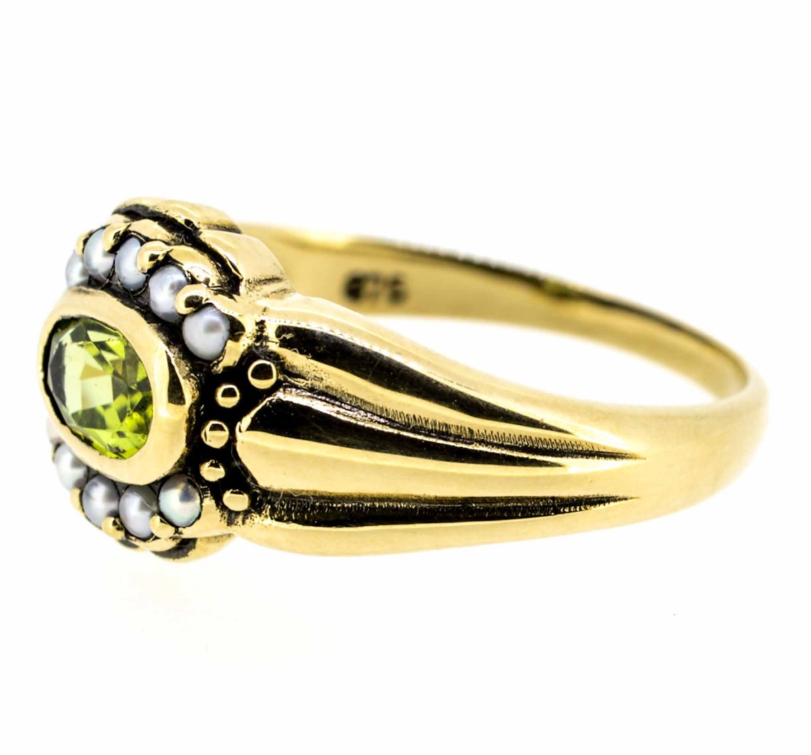 9ct Yellow Gold Antique Style Peridot and Seed Pearl Dress Ring