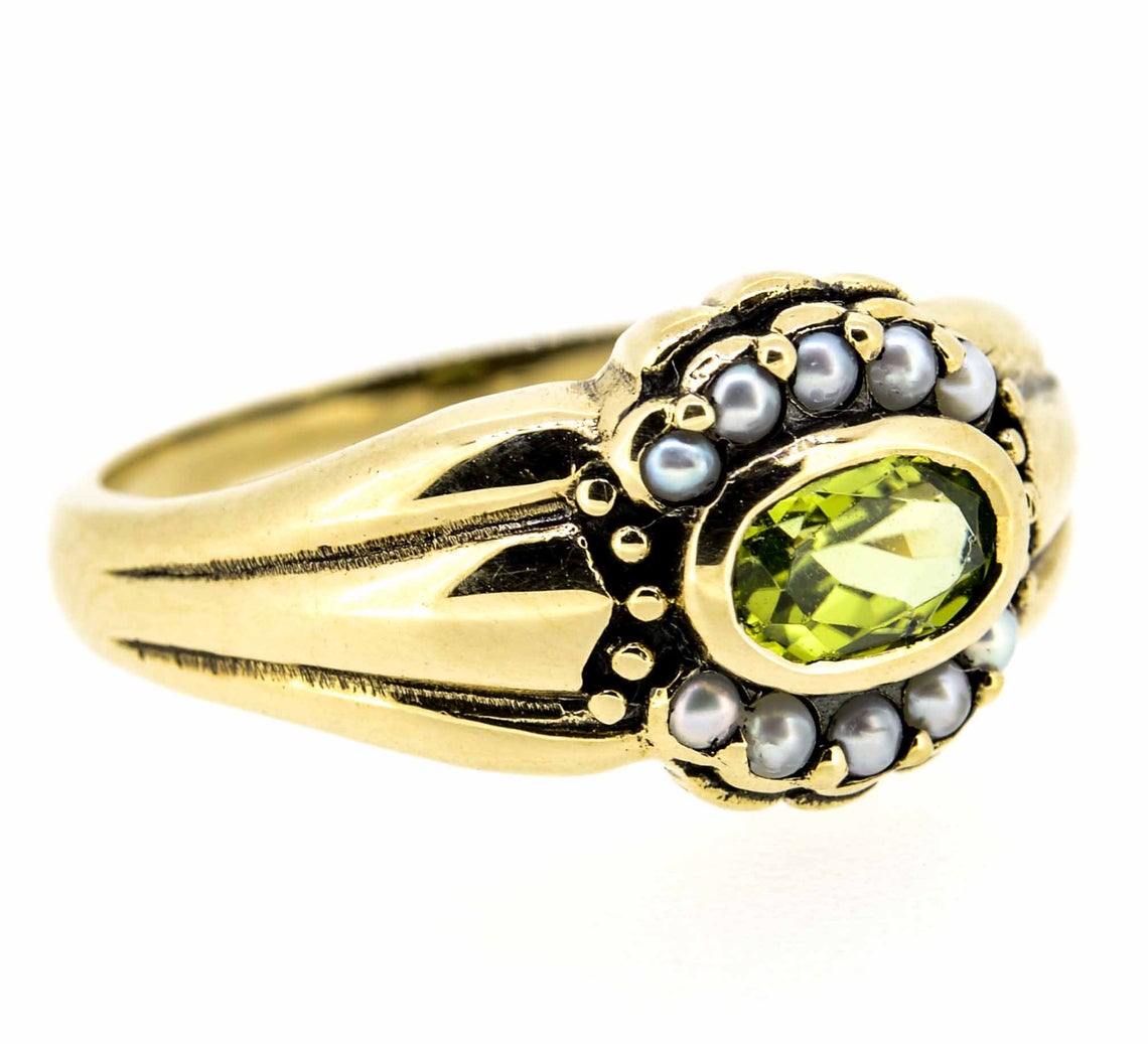 9ct Yellow Gold Antique Style Peridot and Seed Pearl Dress Ring