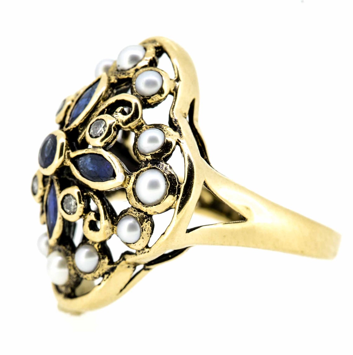 9ct Yellow Gold Antique Style Sapphire Diamond and Pearl Ring