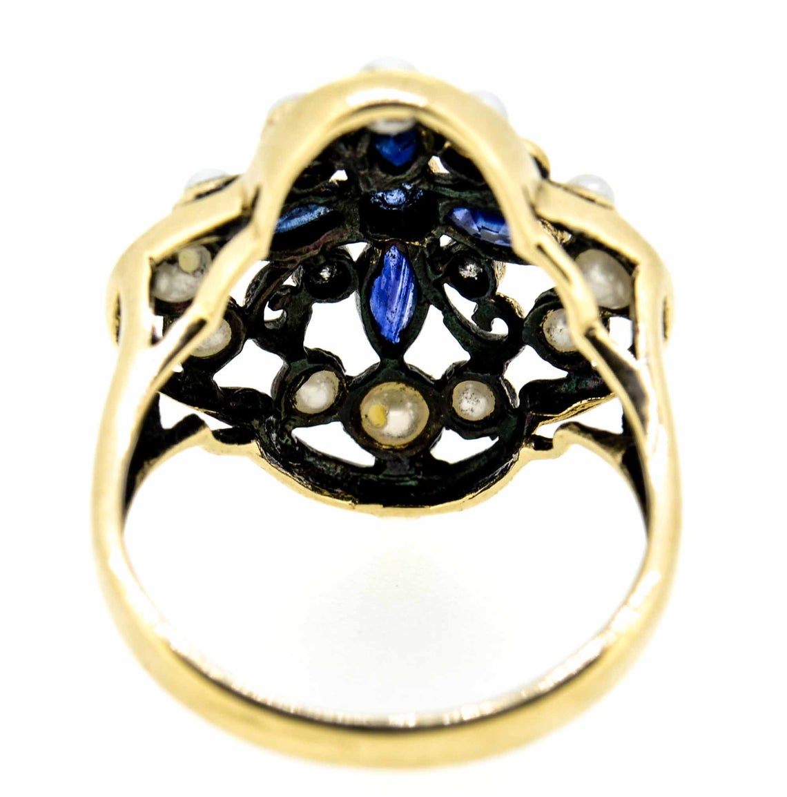9ct Yellow Gold Antique Style Sapphire Diamond and Pearl Ring