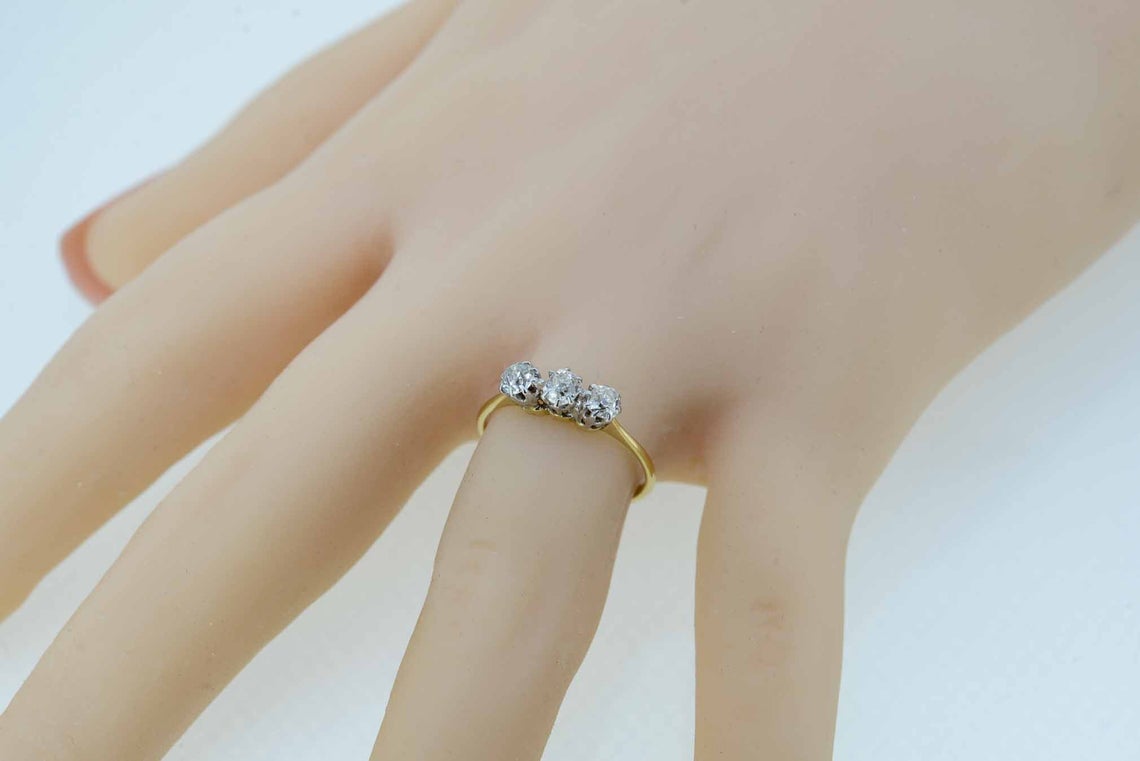 Early 20th Century 18ct Yellow Gold Old Cut Diamond Three Stone Ring