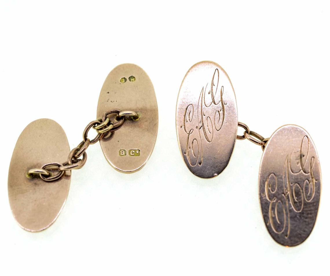 Early 20th Century 9ct Rose Gold Oval Engraved Cufflinks