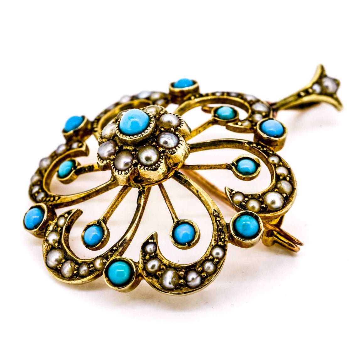 Victorian 9ct Gold Turquoise & Pearl Brooch / Pendant