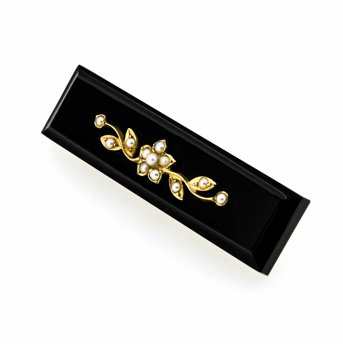 Victorian 9ct Yellow Gold Black Onyx and Pearl Brooch