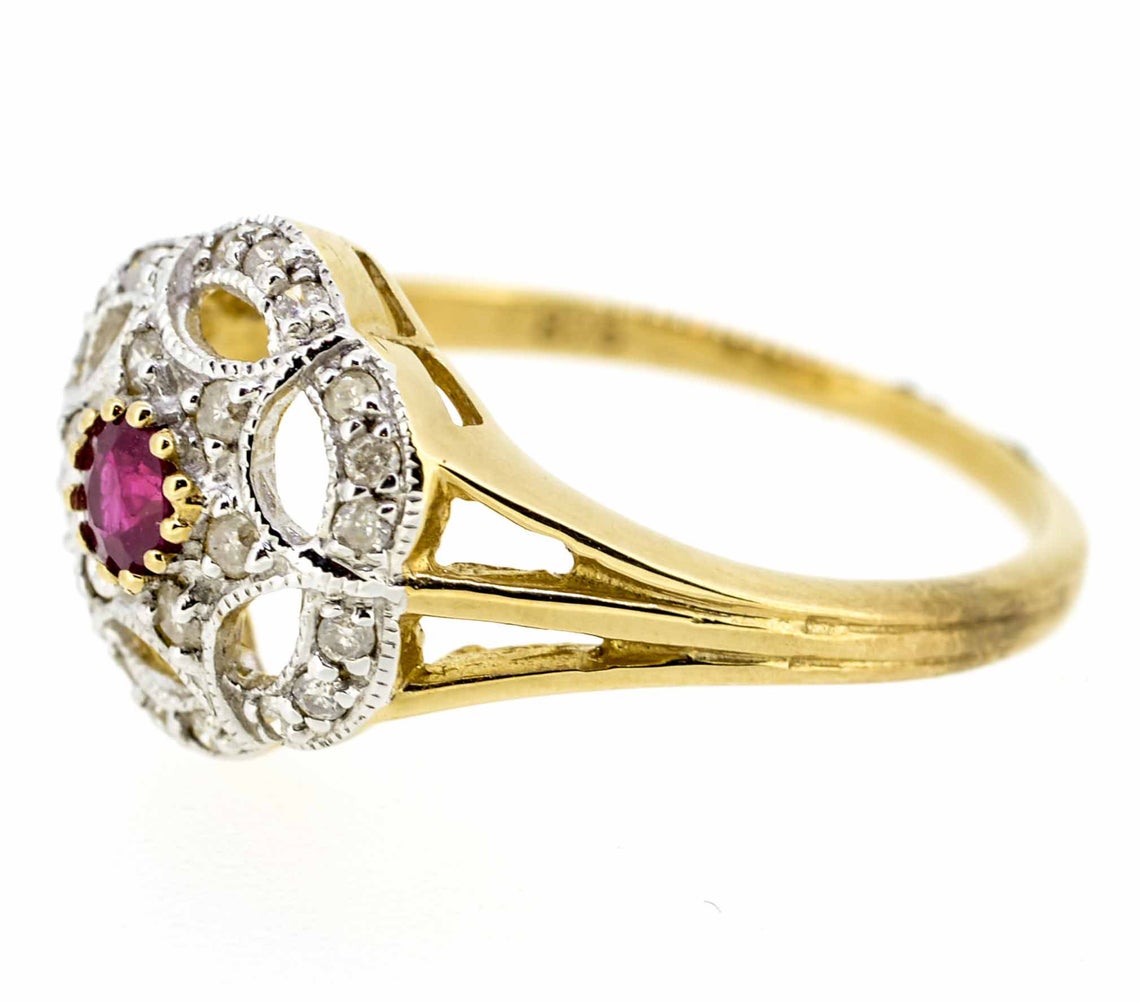 9ct Yellow Gold Antique Style Ruby and Diamond Cluster Ring