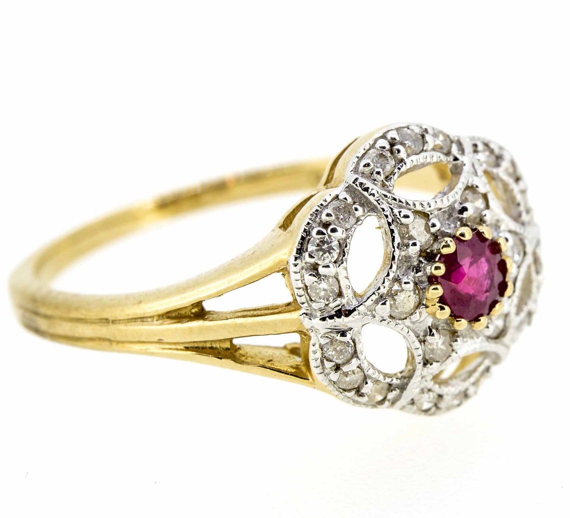 9ct Yellow Gold Antique Style Ruby and Diamond Cluster Ring