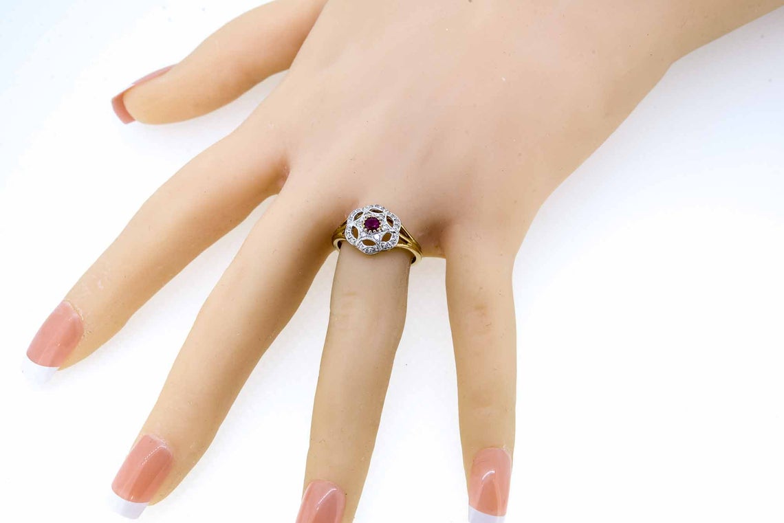 9ct Yellow Gold Antique Style Ruby and Diamond Cluster Ring
