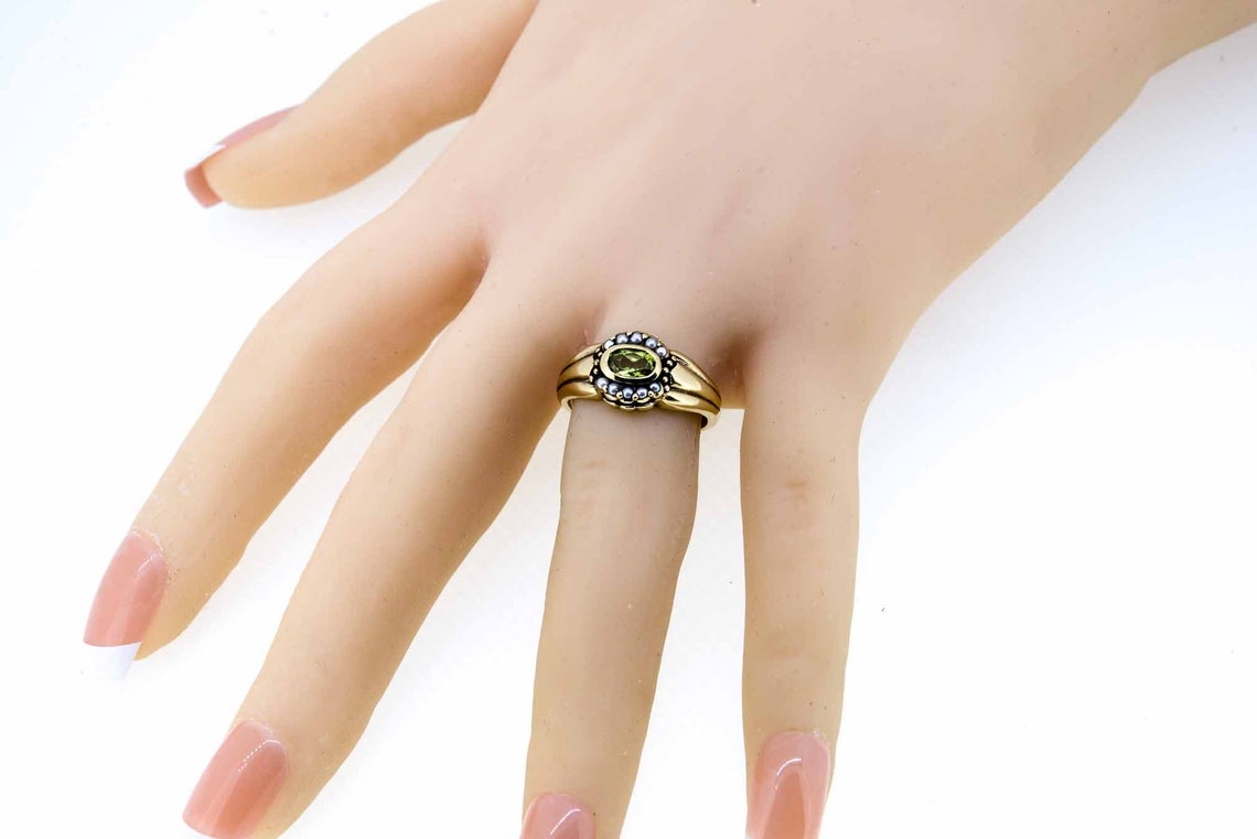 9ct Yellow Gold Antique Style Peridot and Seed Pearl Dress Ring