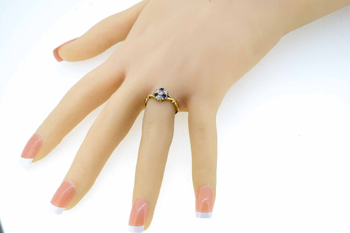 Edwardian 18ct Yellow Gold Sapphire and Diamond Cluster Ring
