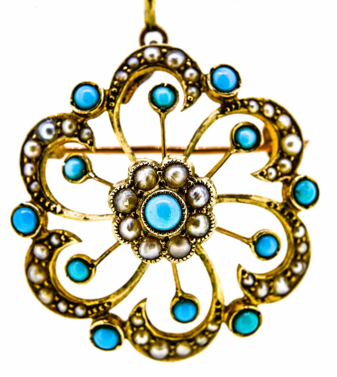 Victorian 9ct Gold Turquoise & Pearl Brooch / Pendant
