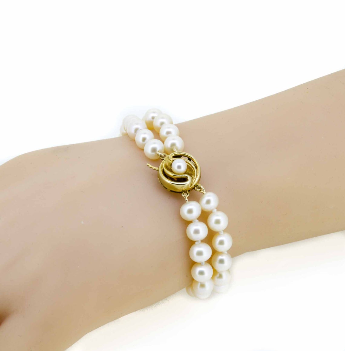 Two Strand Pearl Bracelet With Pearl Set Circular Clasp