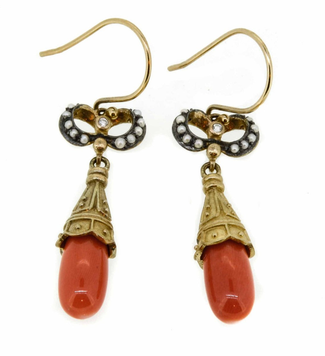 Victorian Style Coral, Diamond and Seed Pearl Drop Earrings