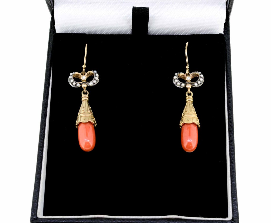 Victorian Style Coral, Diamond and Seed Pearl Drop Earrings