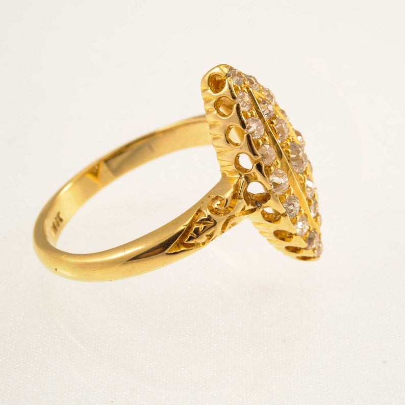 Victorian 18ct Yellow Gold Diamond Navette-Shaped Cluster Ring