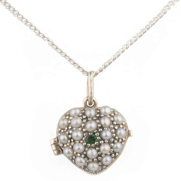 Antique Style Emerald & Seed Pearl Heart Pendant and Chain | Silver