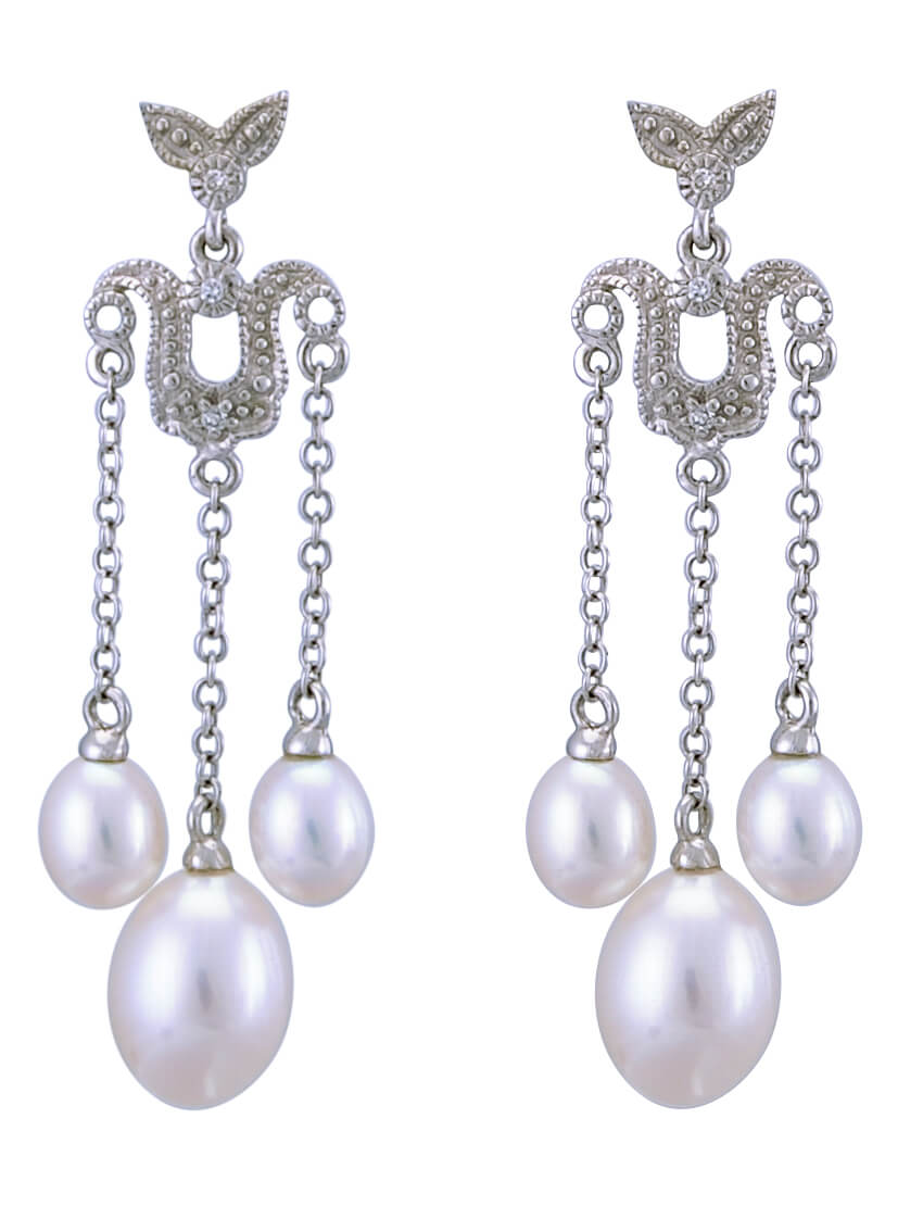 Freshwater Pearl & Diamond Triple Drop Antique Style Earrings | 9ct White Gold