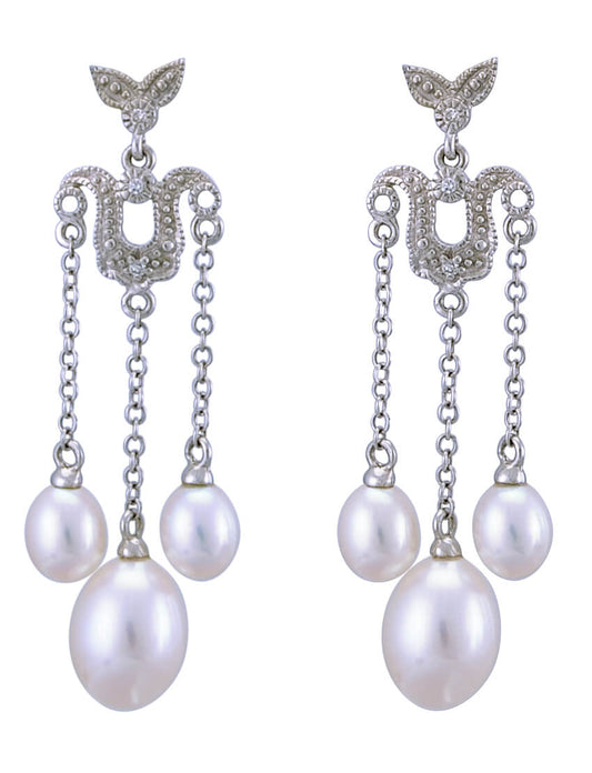 Freshwater Pearl & Diamond Triple Drop Antique Style Earrings  |  9ct White Gold
