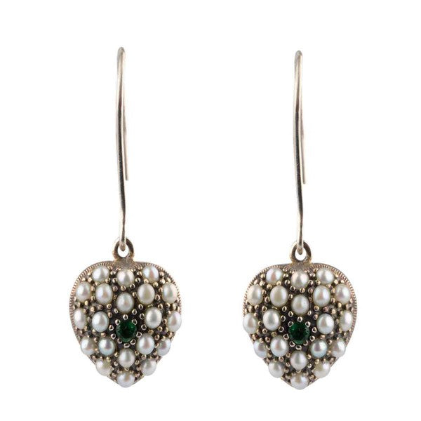Antique Style Freshwater Seed Pearl Emerald Heart Shape Drop Earrings | Silver