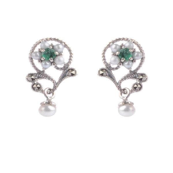 Freshwater Cultured Pearl, Emerald & Marcasite Floral Earrings | Silver