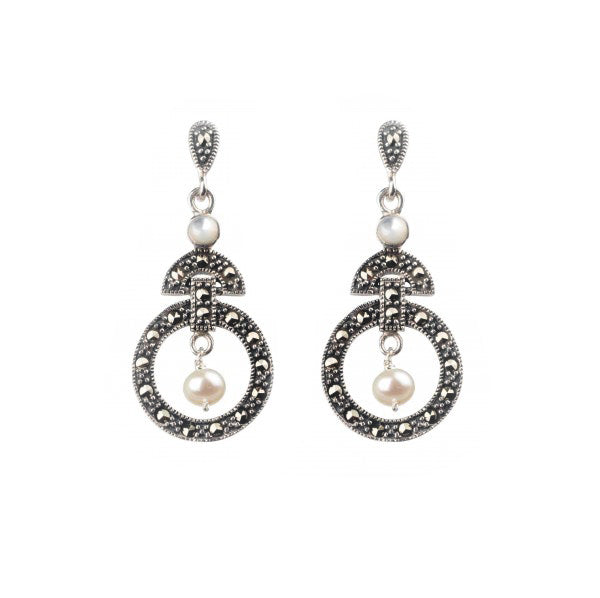 Freshwater Pearl & Marcasite Odeon Style Drop Earrings | Silver