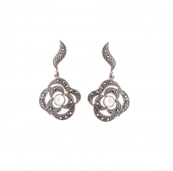 Mother Of Pearl & Marcasite Asymmetrical Drop Earrings | Silver