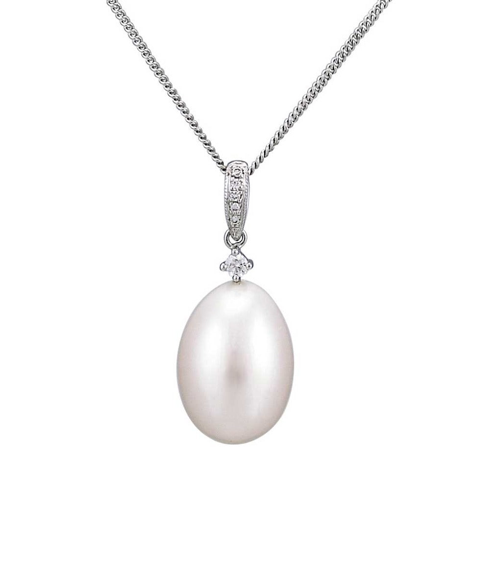 Antique Influenced Design Freshwater Pearl & Diamond Dropper Pendant | 18ct White Gold