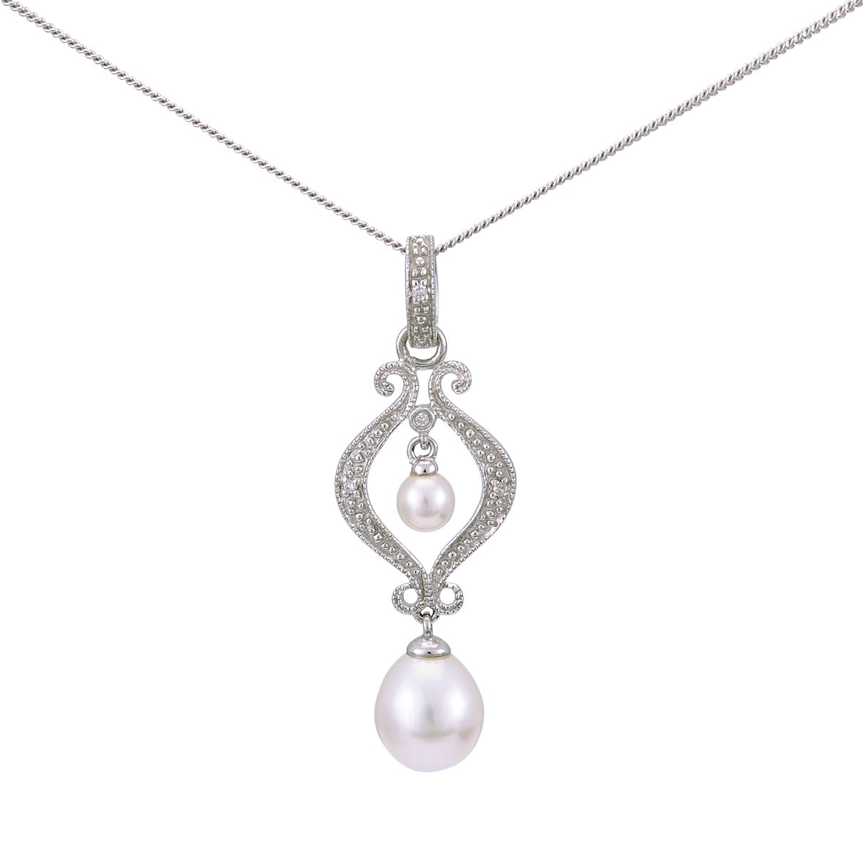 Vintage Style Freshwater Pearl Symmetrical Diamond Set Pendant | 9ct White Gold