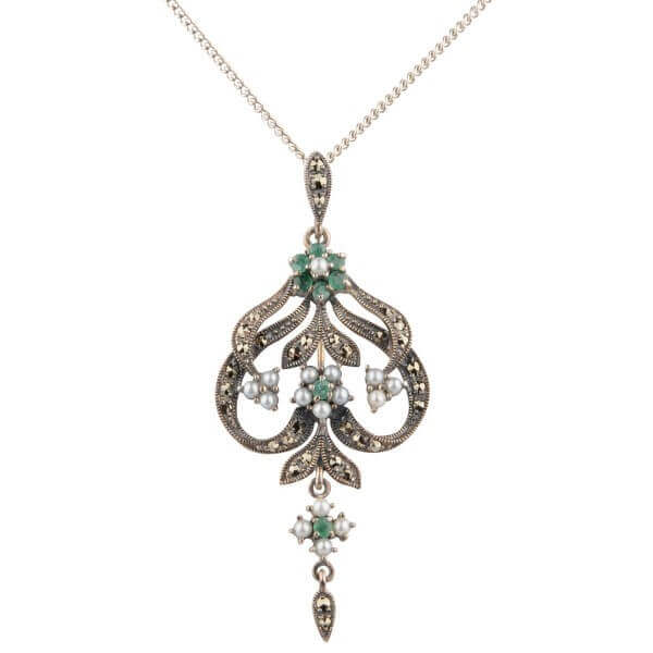 Antique Style Marcasite, Emerald and Seed Pearl Pendant and Chain | Silver