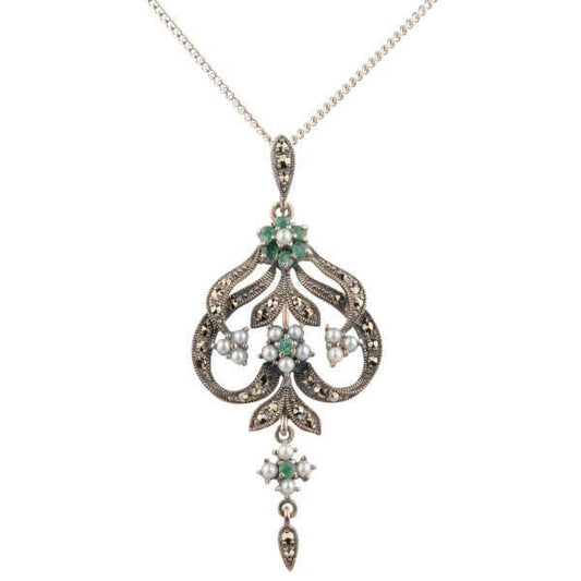 Antique Style Marcasite, Emerald and Seed Pearl Pendant and Chain  |  Silver