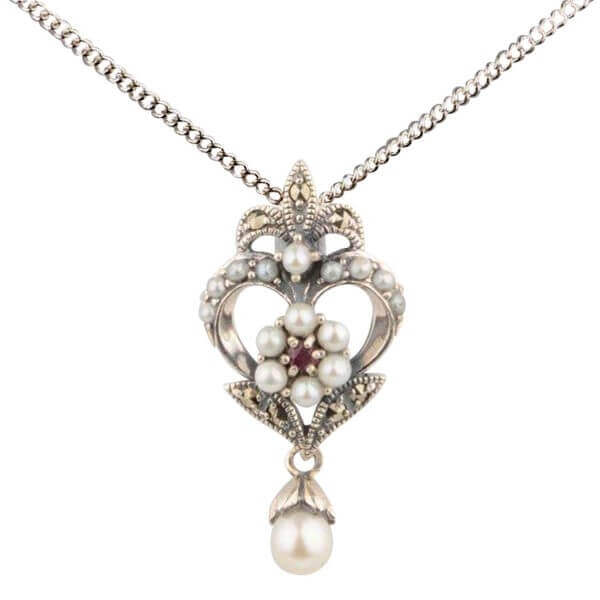 Antique Design Seed Pearl, Ruby & Marcasite Pendant and Chain | Silver