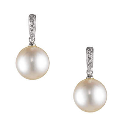 Dainty Vintage Style Freshwater Pearl & Diamond Earrings | 18ct White Gold