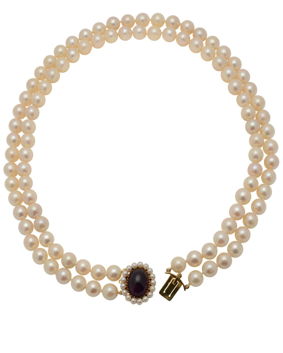 Double Row Akoya Pearl Necklace On Amethyst & Pearl Clasp 9 To 9.5mm