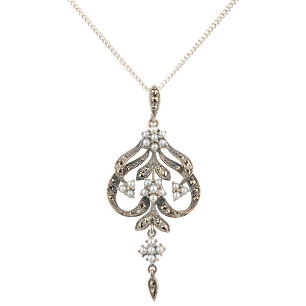 Antique Style Symmetrical Seed Pearl and Marcasite Pendant and Chain | Silver