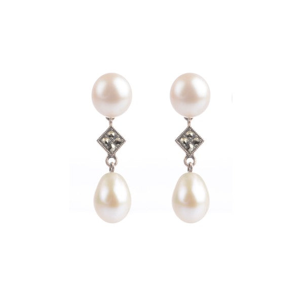 Freshwater Cultured Pearl & Marcasite Double Drop Earrings | Silver