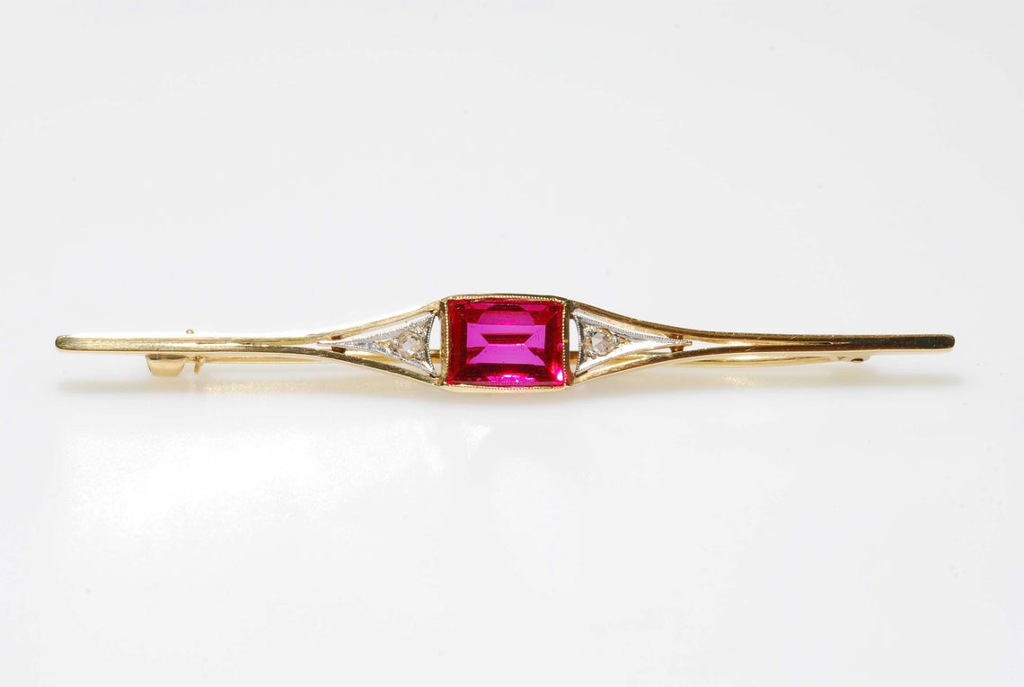Art Deco Synthetic Ruby and Diamond Bar Brooch