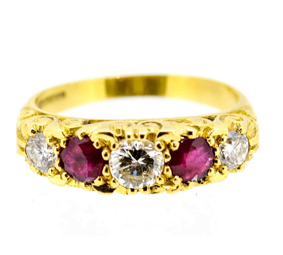 Antique Style 18ct Yellow Gold Ruby and Diamond Five Stone Ring