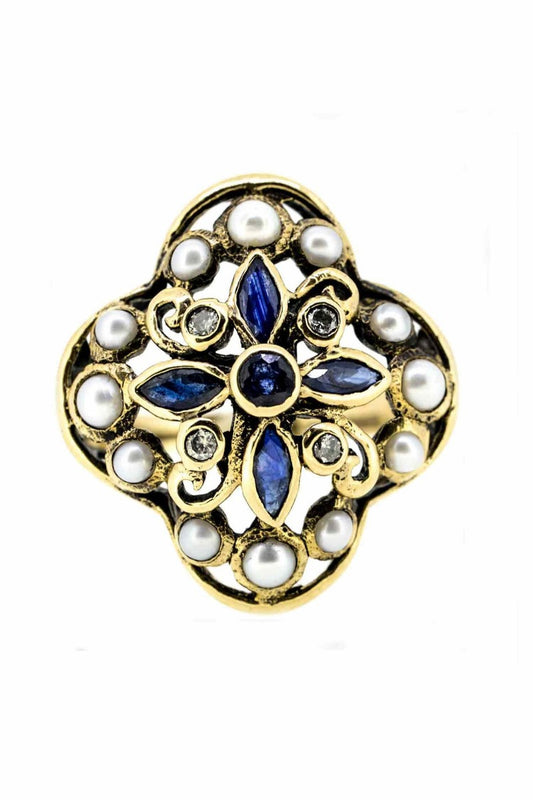 9ct Yellow Gold Antique Style Sapphire Diamond and Pearl Ring
