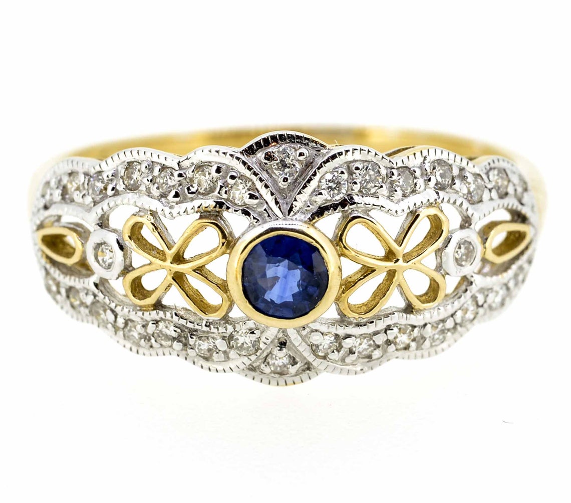 9ct Yellow Gold Antique Style Sapphire and Diamond Ring