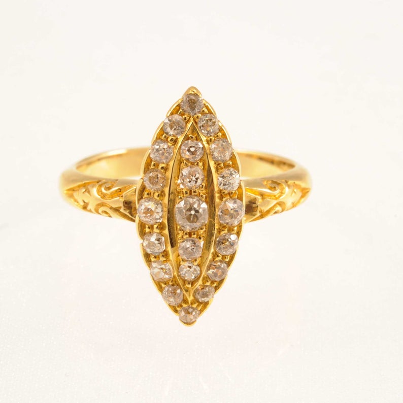 Victorian 18ct Yellow Gold Diamond Navette-Shaped Cluster Ring