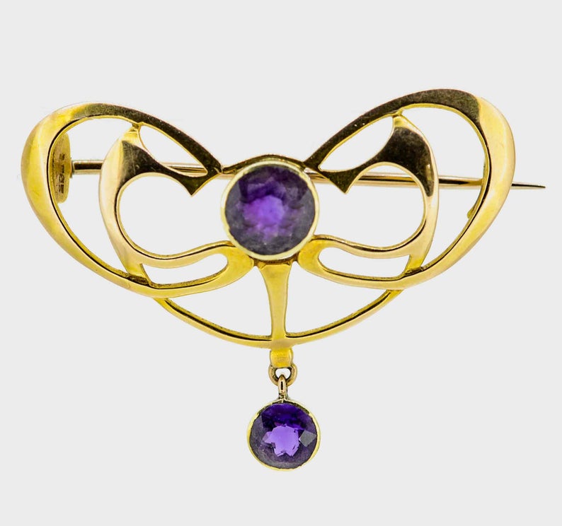 Art Nouveau 15ct Yellow Gold Amethyst Brooch