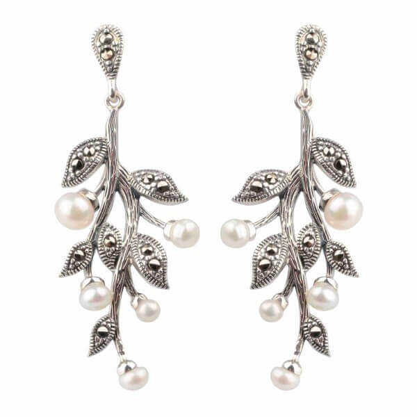 Freshwater Cultured Pearl & Marcasite Foliate Design Drop Earrings | Silver