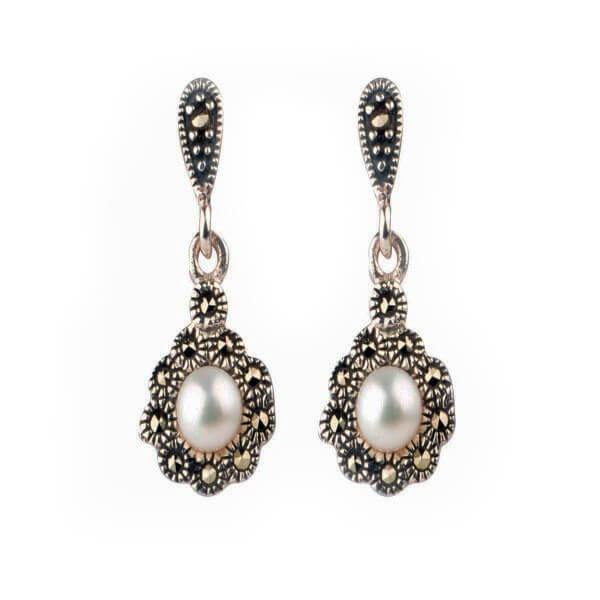 Freshwater Pearl & Marcasite Cluster Drop Earrings | Silver